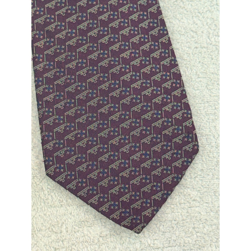 LOM Mens Silk Tie Hand Made in Italy Geometric Pattern Purple Blue Gold RN 54169
